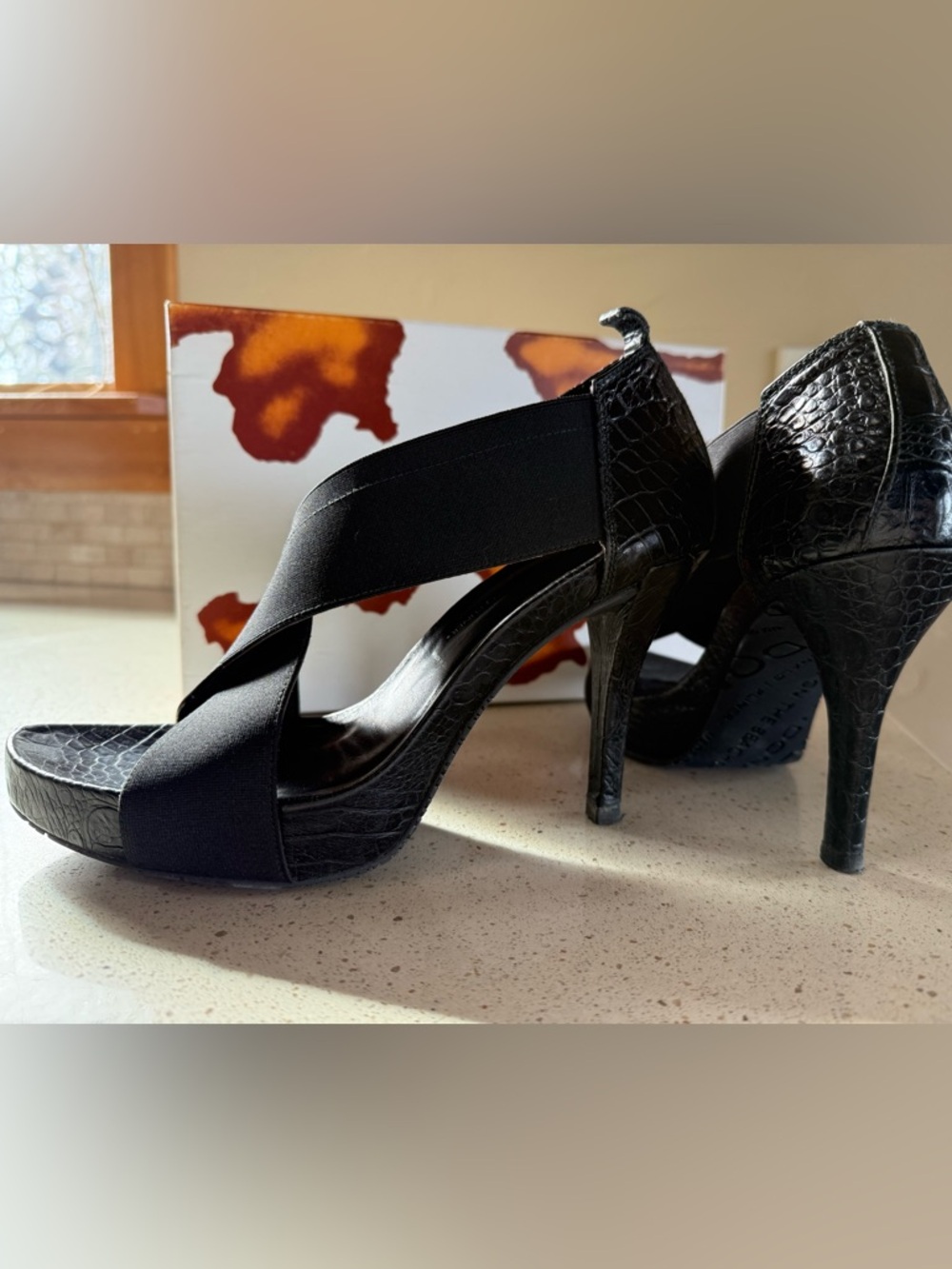 Donald J. Pliner Black Croc-Embossed Elastic Strap Stiletto Sandals